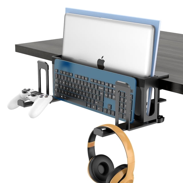 in Adjustable Under Desk Laptop Holder with Keyboard Tray & Headphone Stand No Drilling Clamp On Magazine File Holder Vertical Laptop Stand Desk Side Storage Fits Up to .cm Table Thick