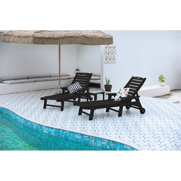 3 Piece Lounge Chair Set, 5 Position Adjustable Oversized Chaise Lounge with Side Table for Patio Poolside, Black