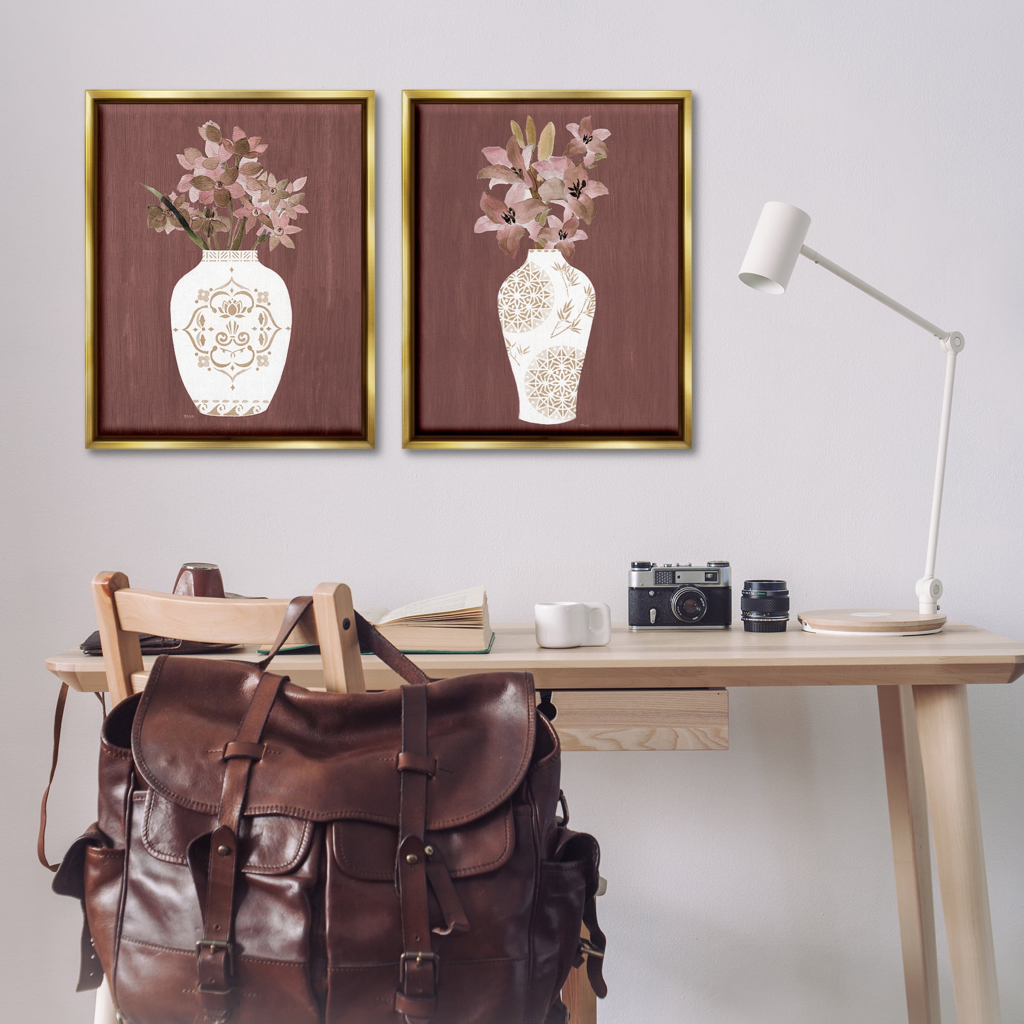 Stupell Industries Rustic Boho Bouquets Plants & Flowers Painting Gold Floater Framed Canvas Art Print Wall Art, 31 x 25, Set of 2