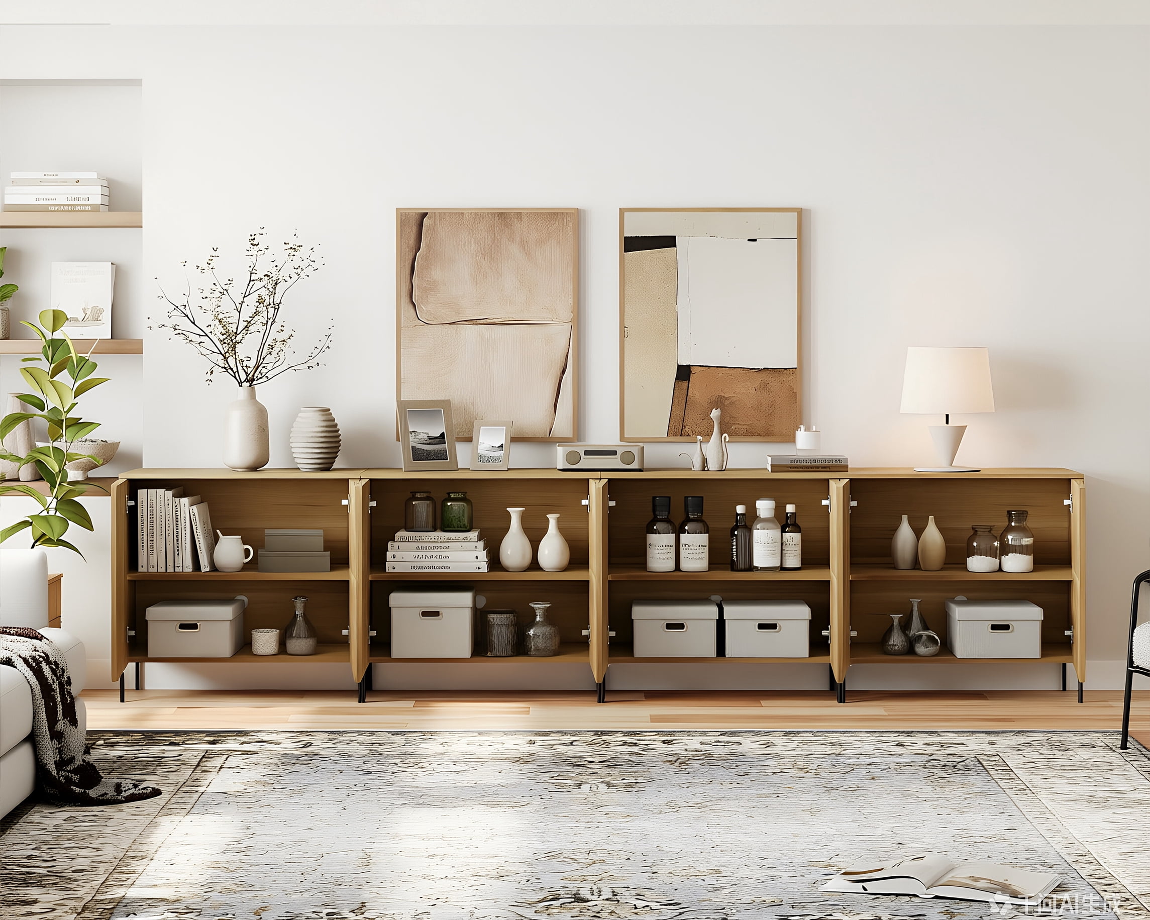 126" Modern Fluted TV Stand with 8 Doors, Entertainment Center with Adjustable Shelf, Wooden TV Console with Storage for Living Room