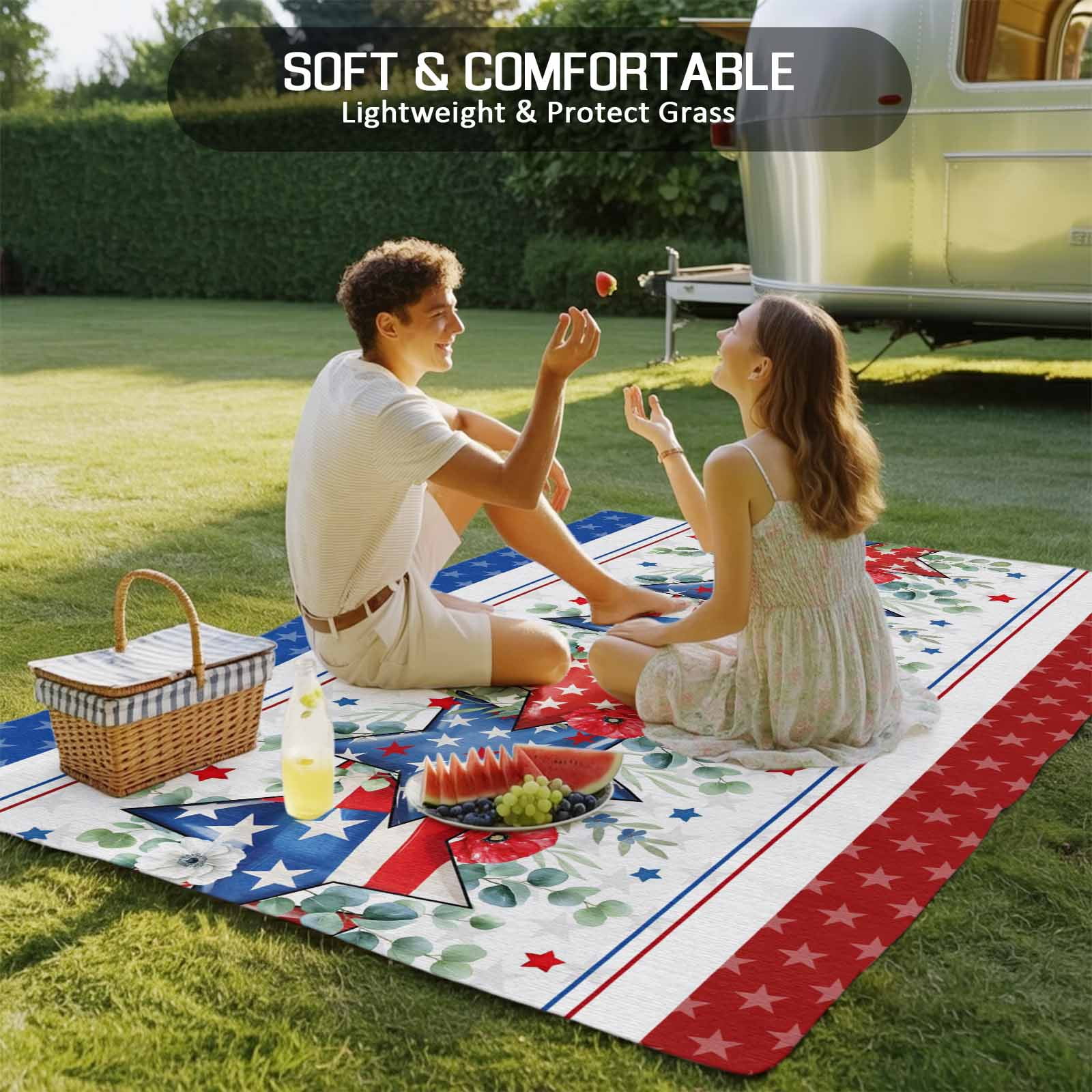 Outdoor Rug 6x9 ft Red White Blue Patriotic Stars Waterproof Outdoor Patio Rug Mat Non Slip Outside Area Rugs Carpet for RV,Camping,Porch,Deck,Pool,Balconybackyard,Eucalyptus Leaves Poppy
