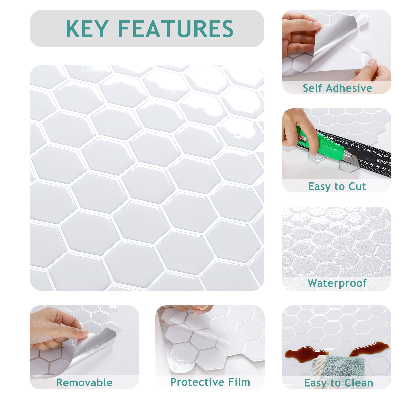 VEELIKE White Hexagon Peel and Stick Backsplash Tiles for Kitchen Waterproof 6 Sheets 12''x12''