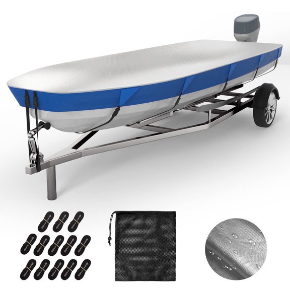 Jon Boat Cover 10'-12' Trailerable Boat Cover 600D Oxford Waterproof UV Resistant Marine Grade Reinforced Cover Adjustable Side Straps