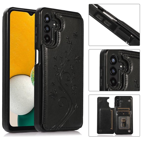 for Galaxy A54 5G Wallet Case, Embossed Pattern Cover for Women Girls, Double Magnetic Button Card Slot Kickstand Shock Resistant Money Pocket Case for Galaxy A54 5G, Black