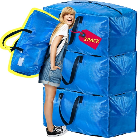 AlexHome Moving Bags Heavy Duty,Extra Large Packing Bags for Moving,Reusable Plastic Moving Totes,Clothes Storage Containers,Moving Supplies Bins,Compatible with Ikea Frakta Cart (Blue,Set of 3)