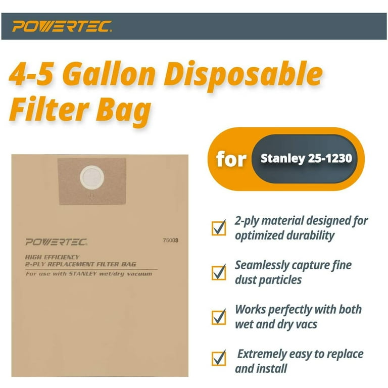 4 Gal. to 5 Gal. High Efficiency Filter Bags for Stanley 25-1230 (3-Pack) 4 Gal. to 5 Gal. High Efficiency Filter Bags for Stanley 25-1230 (3-Pack)