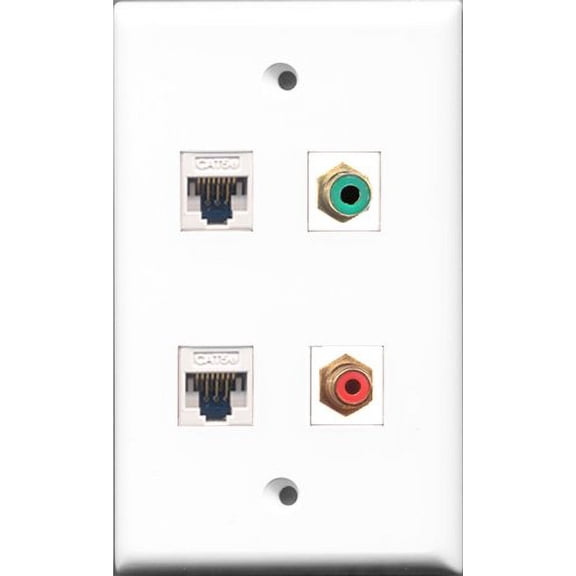 RiteAV 1 Port RCA Red and 1 Port RCA Green 2 Port Cat5e Ethernet White Wall Plate