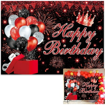 Image of 7x5ft Red Black Happy Birthday Backdrop Glitter Balloon Gift Sign Red Spot Birthday Anniversary Background Women