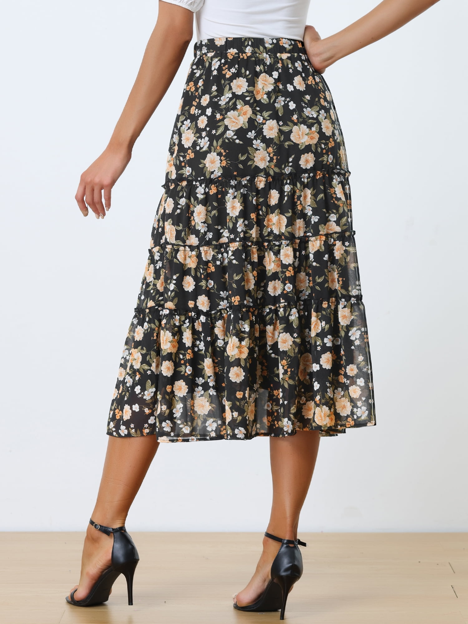 DARING DIVA Women's Chiffon Tiered A-Line Maxi Skirt M Blacks