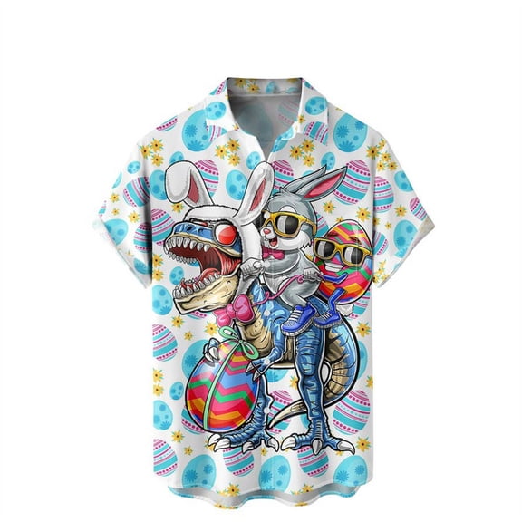 Easter Button Up Shirt for Men Short Sleeve Tops Button Up Cute Bunny Easter Eggs Graphic Lapel Spring Tees