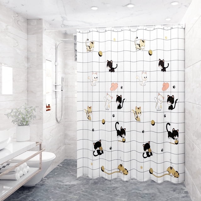 shower curtain waterproof and mildew-proof shower curtain cute cat set 80 width * 180 height + telescopic 50-80 rod + ring