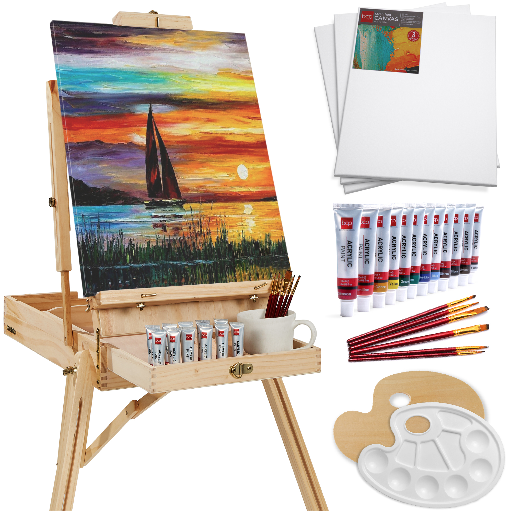 Best Choice Products Art Easel for Painting, Portable Adjustable Tripod with 32-Piece Art Set - Natural