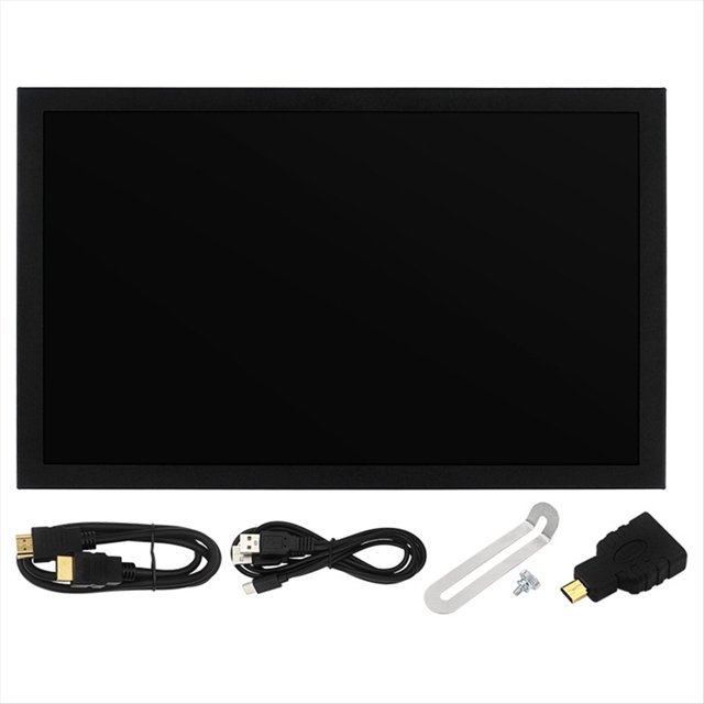 pantalla portátil de 7 pulgadas ips lcd 1024x600, compatible con , vga, entrada av, alimentación cc tipo c para pc, portátil, cámara, tv, dvd vista frontal centrada de pantalla portátil de 7" con marco negro y cuerpo metálico; panel IPS 1024x600. En primer plano cables incluidos: HDMI, USB-C de alimentación, adaptador micro‑HDMI y soporte metálico. Adecuada para uso como monitor secundario con mini PC y Raspberry Pi.