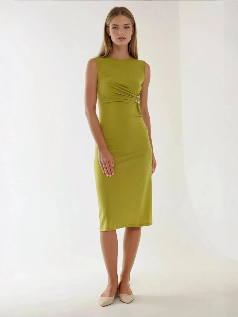 Fitted Midi Dress with Crew Neck