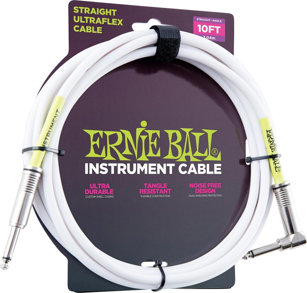 Ernie Ball P06049 Straight//Angle 1//4/" White Ultraflex Instrument Cable 10 Foot
