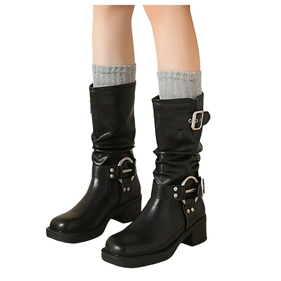 Mid Calf Combat Riding Boots for Women Slouchy Leather Buckle Square Toe Chunky Heel Winter Fall Tall Boots Black
