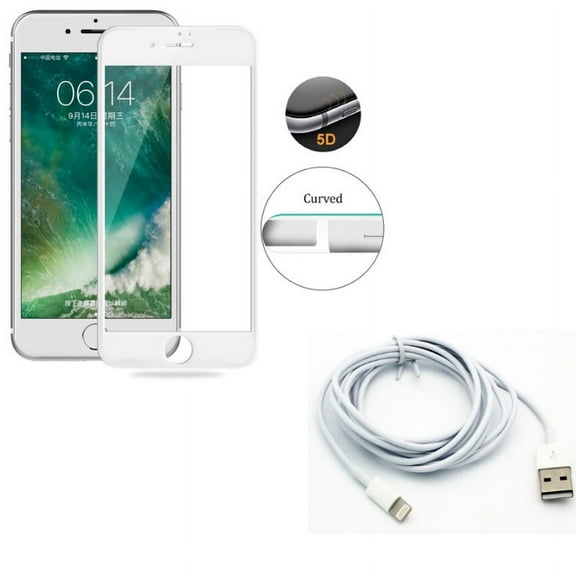 iPhone 8/7/6S/6 - Tempered Glass Screen Protector w Charger Cord 6ft USB Cable - 5D Touch Curved Edge Full Cover Bubble Free Case Friendly, Power Wire Long Sync Fast Charge for iPhone 8/7/6S/6