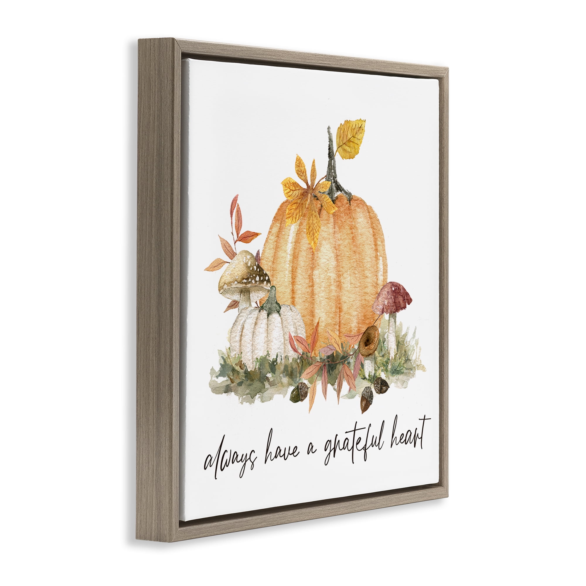 Stupell Industries Grateful Heart Pumpkin Botanical & Floral Painting Brown Floater Framed Canvas Art Prints Wall Art, 18 x 18