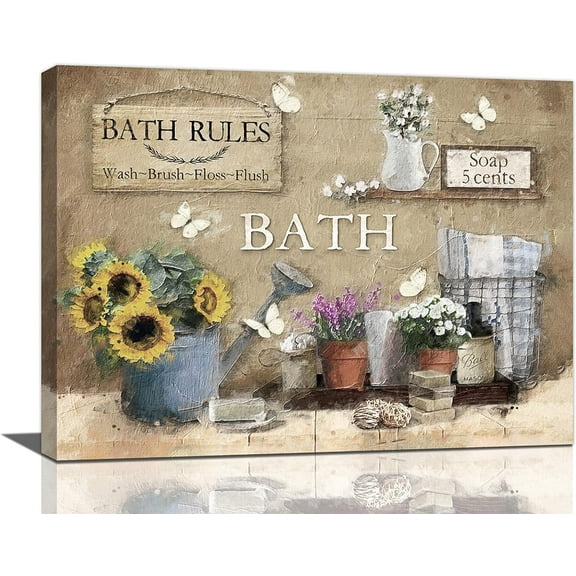 Rustic Bathroom Wall Art Farmhouse Bath Rules Bathroom Pictures Wall Decor Retro Floral Canvas Prints Painting Country Framed Artwork for Bathroom Ready to Hang 12"x16"