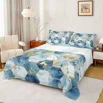 Feelyou Grey Blue Marble Full Size Sheets, Chic Gold Honeycomb Abstract Bed Sheets, Teens Adult Girls Women Sheet Sets, Luxury Bedroom Decor, 4pcs