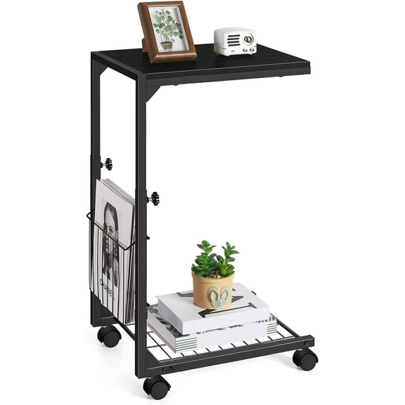 Small Sofa Table Adjustable Height C-Shaped Side Table with Wheels and Storage Basket