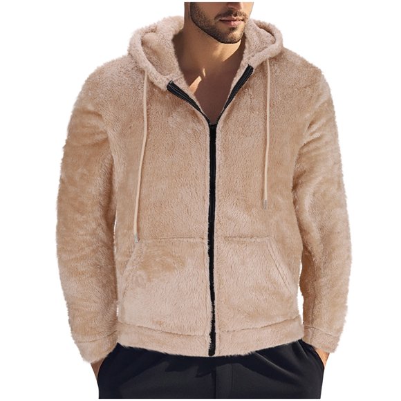 Men's Double Faced Fleece Jacket, Heavyweight Hooded Full Zip Cardigan Sweatshirt With Zipper Pockets, Winter Casual Warm Pullover Coat