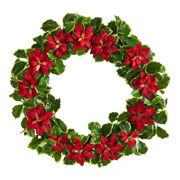 Nearly Natural 21in. Poinsettia and Variegated Holly Artificial Christmas Wreath, Red