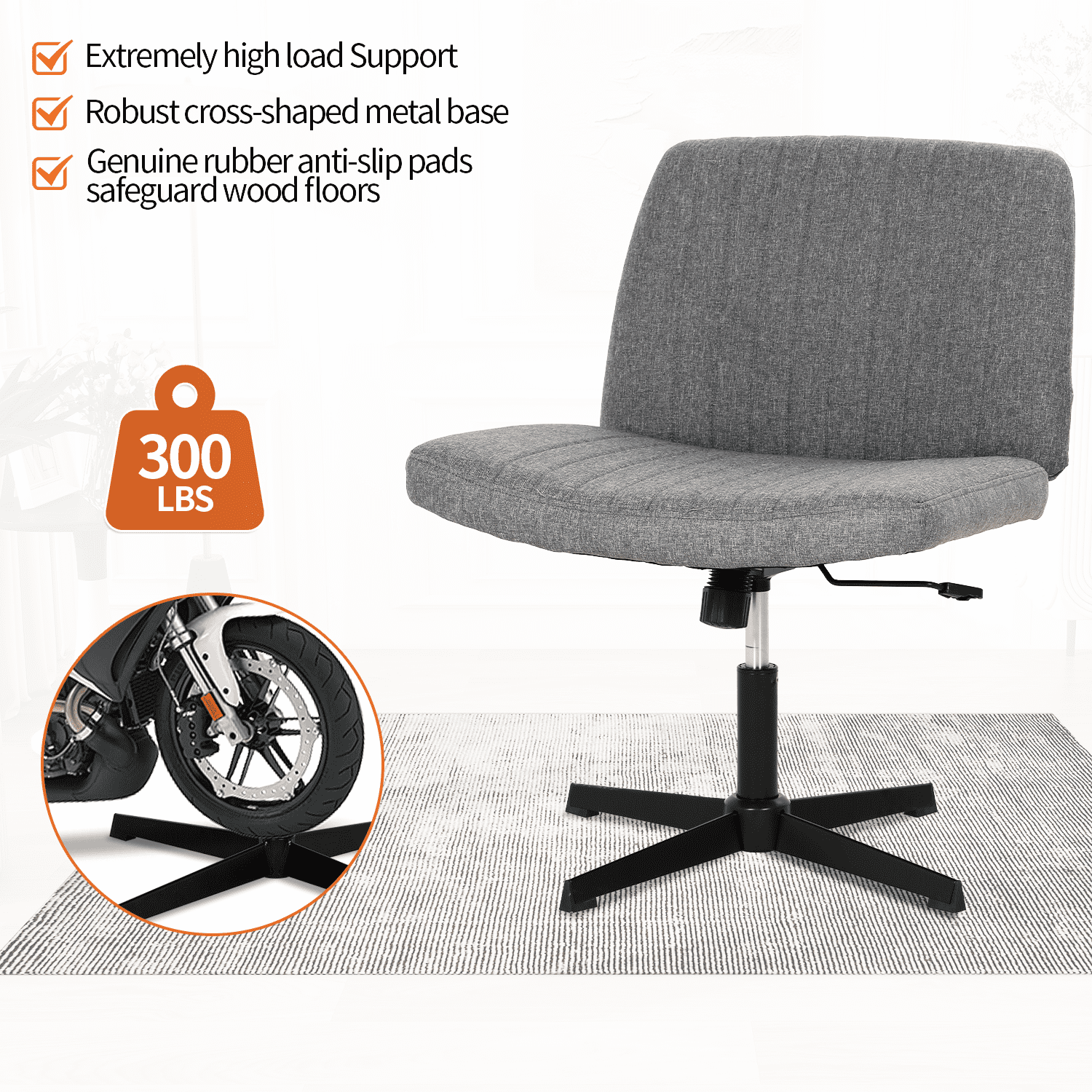 BIQWBIC Crisscross Chair Armless Vanity Chair Adjustable Home Office Desk Chair with No Wheels, Gray