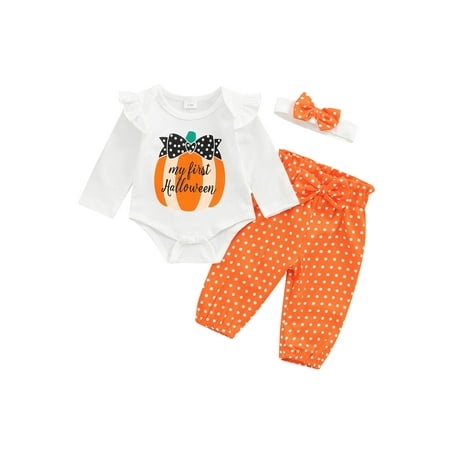 

aturustex Halloween Baby Girls Outfit Set White Long Sleeve Pumpkin Print Romper+ Dots Pattern Pants and Headdress