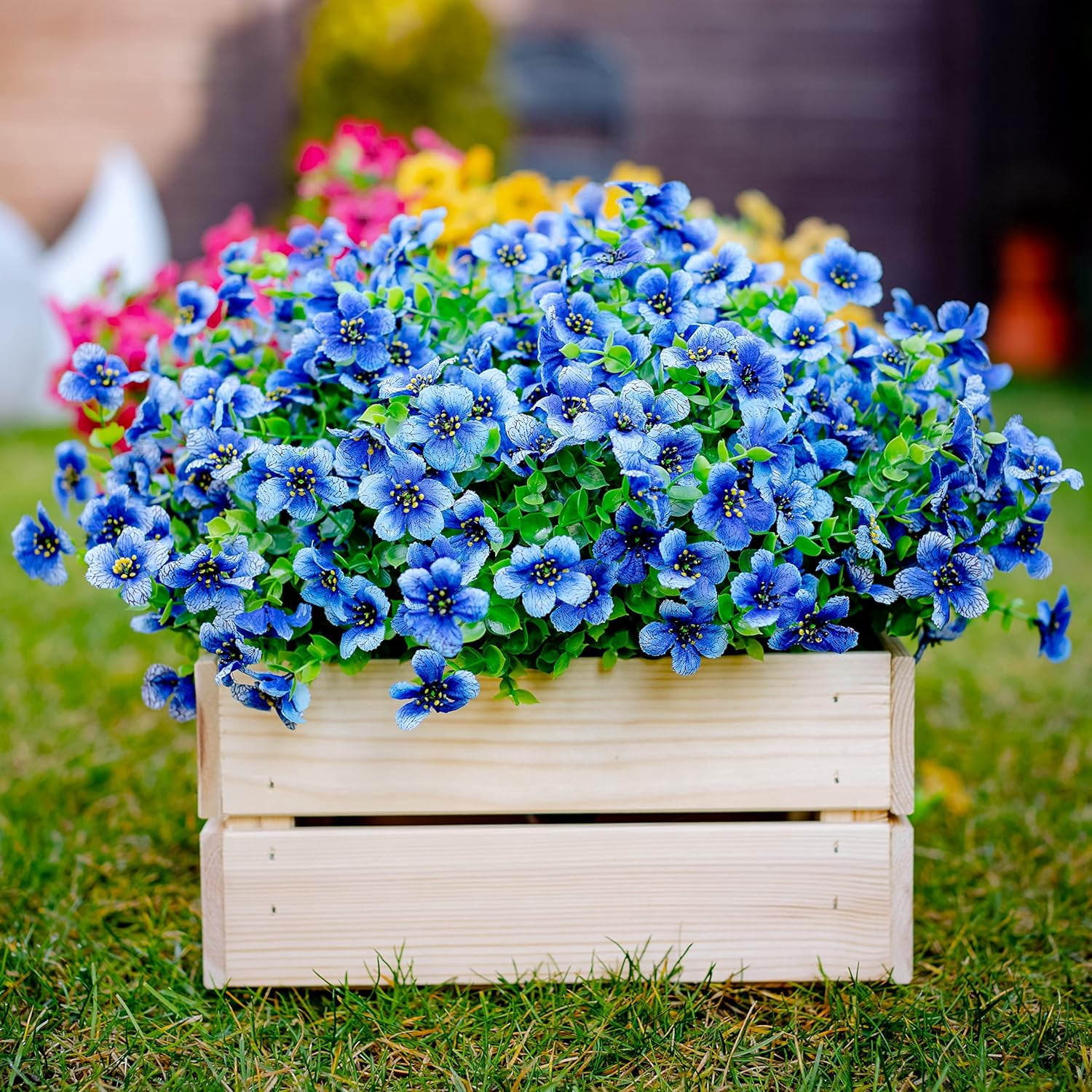 TETOU 16Pcs Artificial Plants Flowers, 13.8*7.5" Fake Silk Colorful Daisy Eucalyptus, UV Resistant Fake Flowers with Plastic Plants for Outside Home Porch Patio Window Yard Decor, Blue