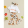 thumbnail image 3 of Michellecmm Baby Girls Halloween Pants Sets White Long Sleeve Letter Print Romper Pumpkin Print Pants Headband Sets, 3 of 8