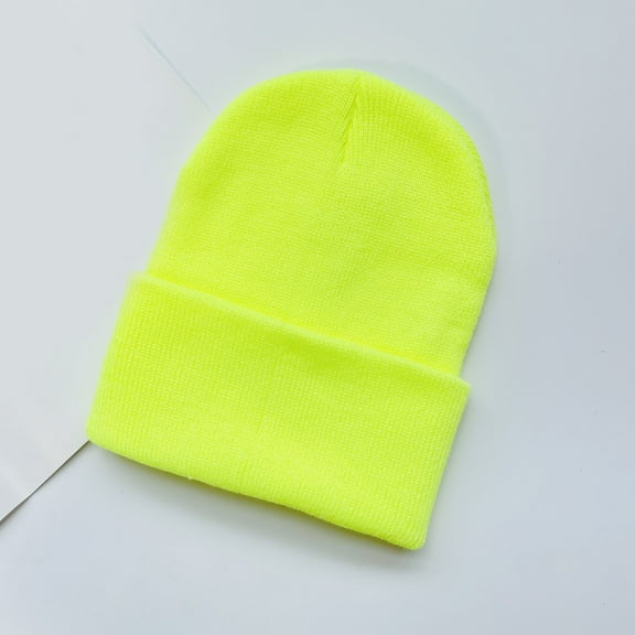 harmtty Warm Winter Hat Unisex Stretchy Knitted Solid Color Warm Soft Ear Protection High Elasticity Regular Fit Winter Fall Beanie Women Men Cap Fluorescent Yellow