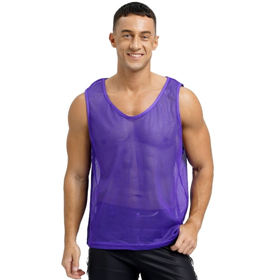 YONGHS Men's Mesh See Through Fishnet Muscle Tank Top Sleeveless Workout T-Shirt Night Club Tops Clubwear Purple XL