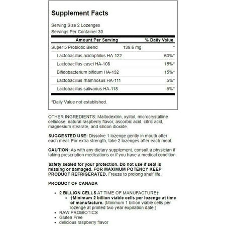 Flora - Super 5 Lozenge Probiotic, Raspberry Flavored Oral Probiotic, Good for Bad Breath, Five Strains with 2 Billion CFU, Regain and Retain Gut Health, RAW, 60 Lozenges