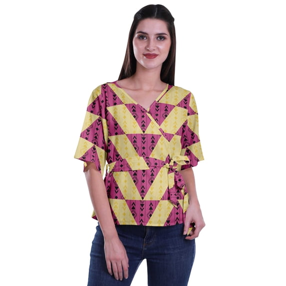 Moomaya Printed Wrap Over with Belt Style Top For Women Printed V-Neck Casual/Formal Top