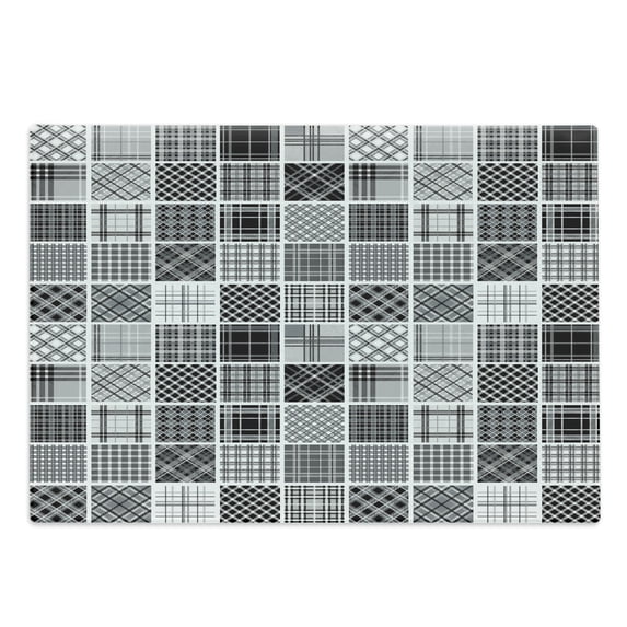 Grey Cutting Board, Mixed Checkered Squared Scotch Plaid Striped Patterns in Patchwork Style Image, Decorative Tempered Glass Cutting and Serving Board, Large Size, Black White Grey, by Ambesonne