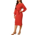 thumbnail image 4 of INSPIRE CHIC Robe pour Femme en Tricot à Col Rond Manches Lanterne 3/4 Ceinturée Ourlet Plissé Robes TP Orange Rouge, 4 of 6