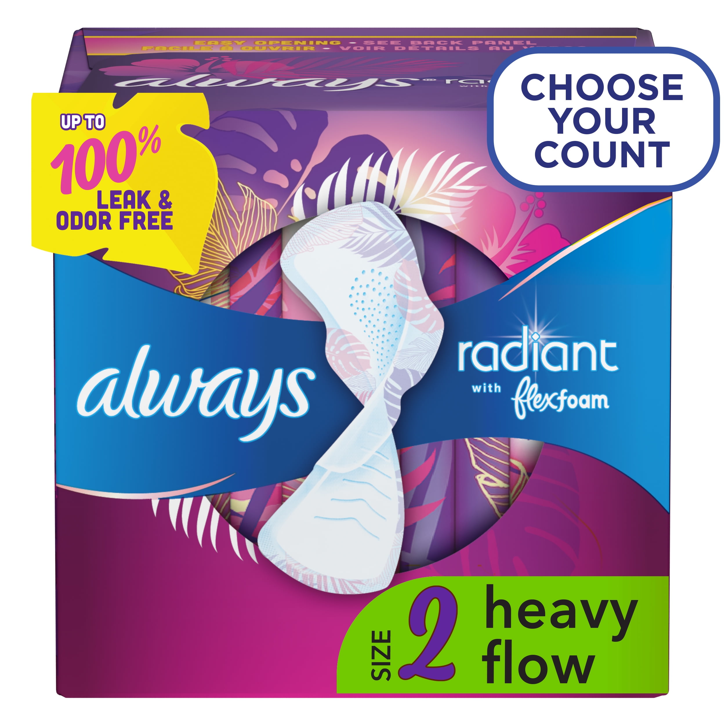 Always Radiant Feminine Pads for Women, Size 2 Heavy, with Wings, Scented, 26 Ct