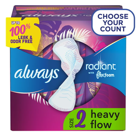 Always Radiant Feminine Pads for Women, Size 2 Heavy, with Wings, Scented, 26 Ct
