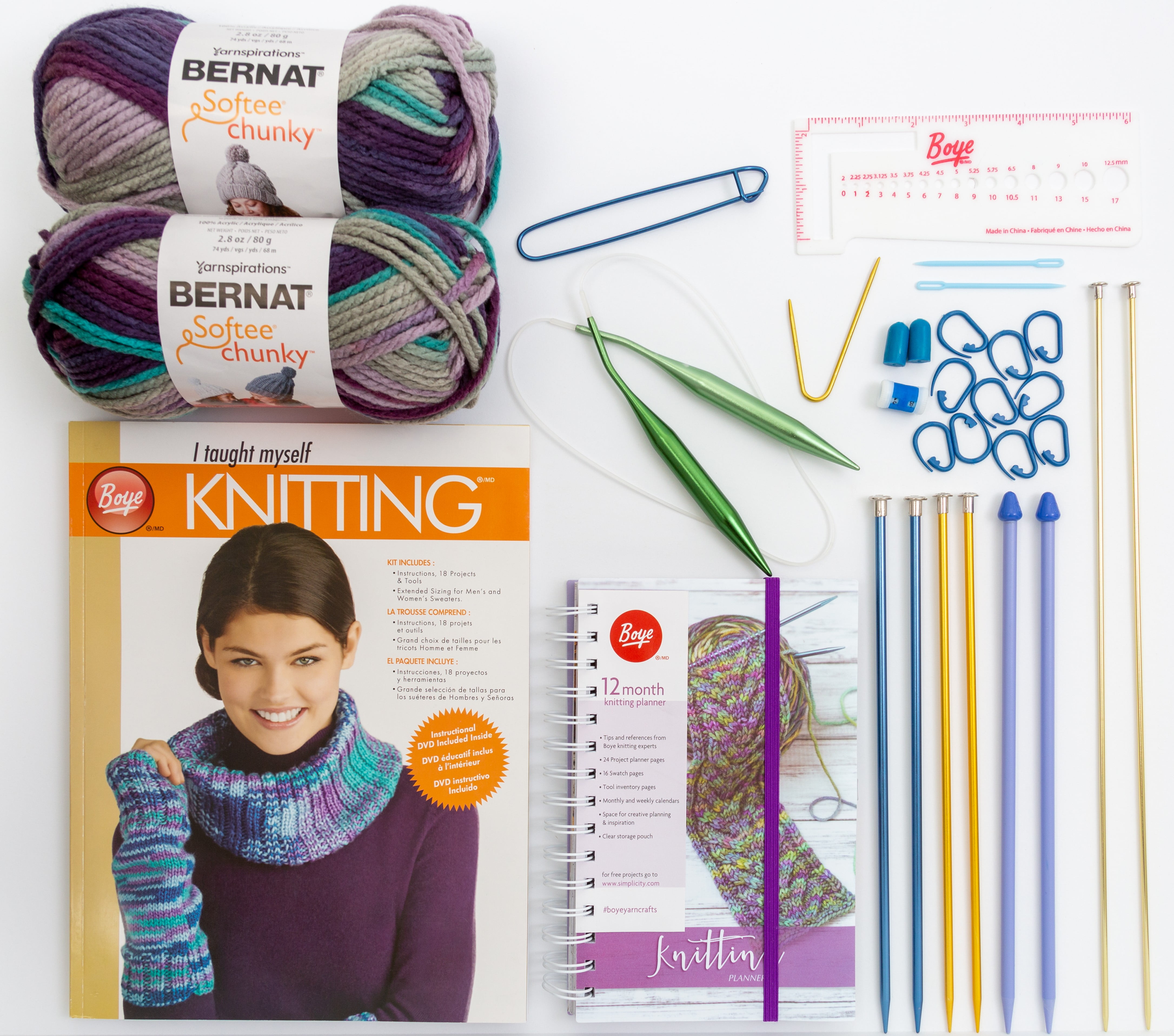 Eselect Knitting Bundle for Beginners - Boye Teach Yourself to Knit Kit, Bernat Softee Chunky Shadow Ombre Yarn, Craft Bag, Boye 12-Month Planner, Knit Needles, Carabiners & More