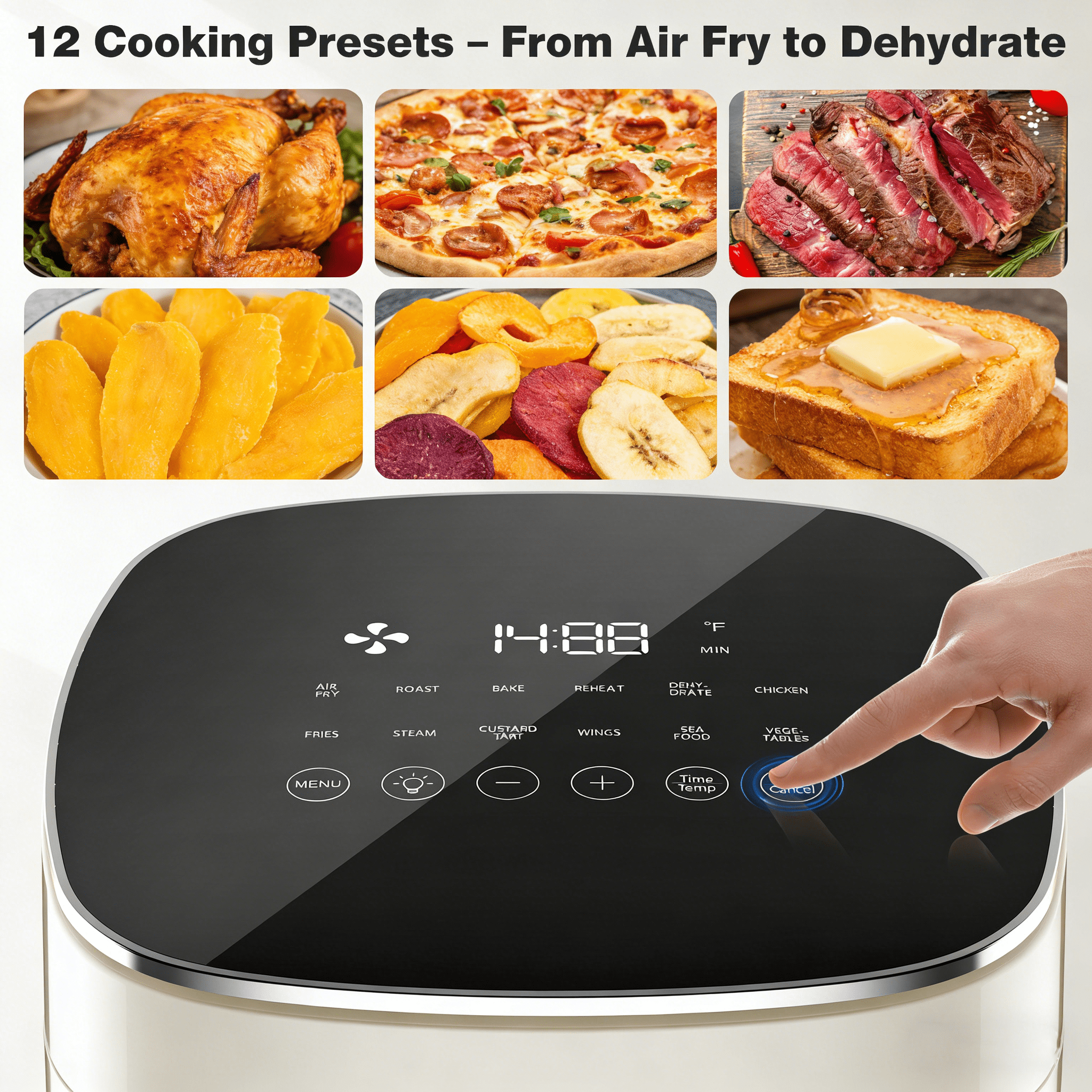 Aidoly 12-in-1 Air Fryer, 6-Quart Family Size Multi-Function for Roast, Bake, Broil, Dry, Proof, Reheat and More, with Viewing Window & 12 Cooking Modes, Beige