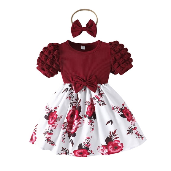 Byoo Newborn Girls' Floral Print Dress A-Line Short Sleeve Knit Ruffle Trim Casual Puff Dresses Versatile Dress