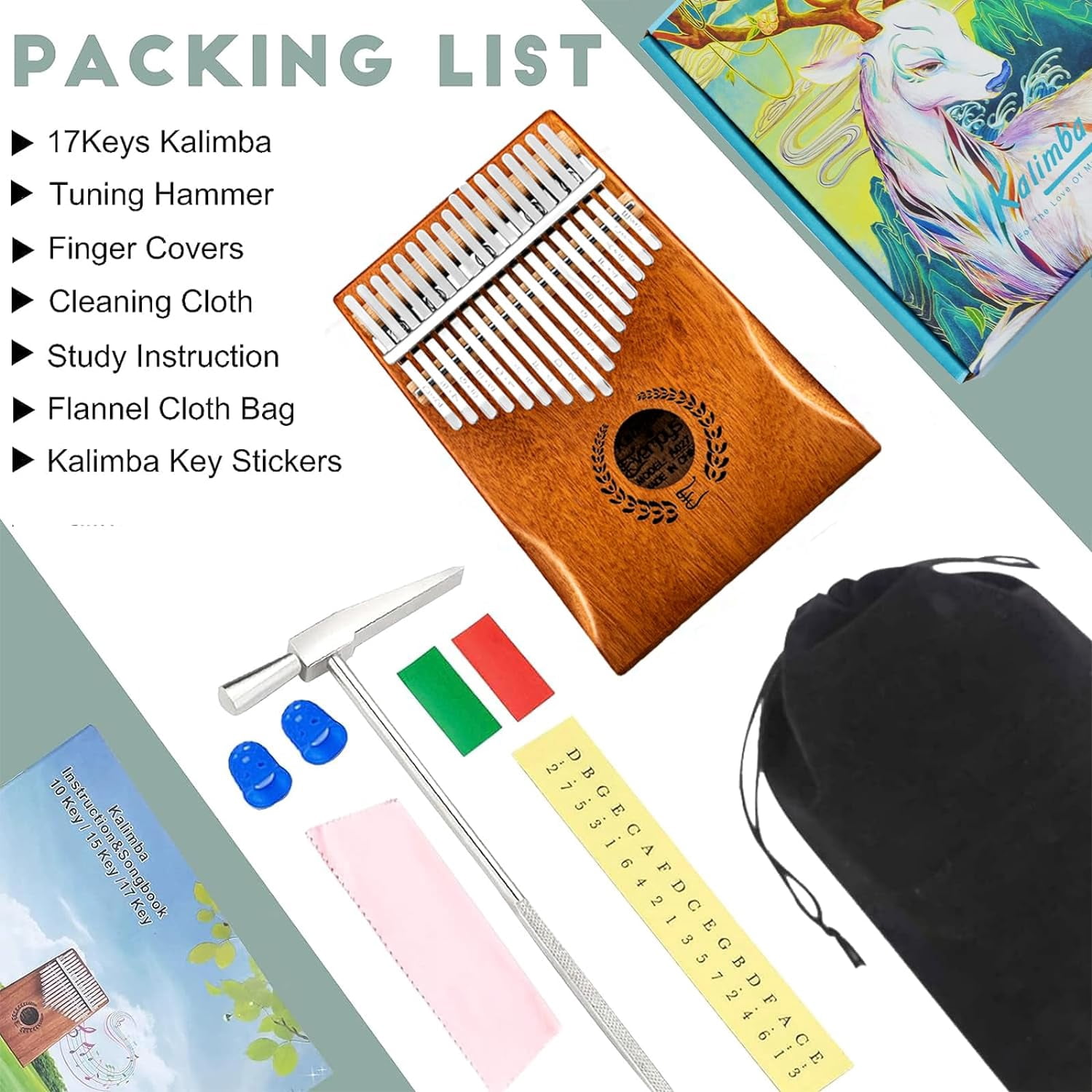 Everjoys Kalimba Thumb Piano 17 Keys, Professional Musical Instrument Finger Piano Marimbas with Portable Bag, Fast to Learn Songbook, Tuning Hammer, All in One Kit