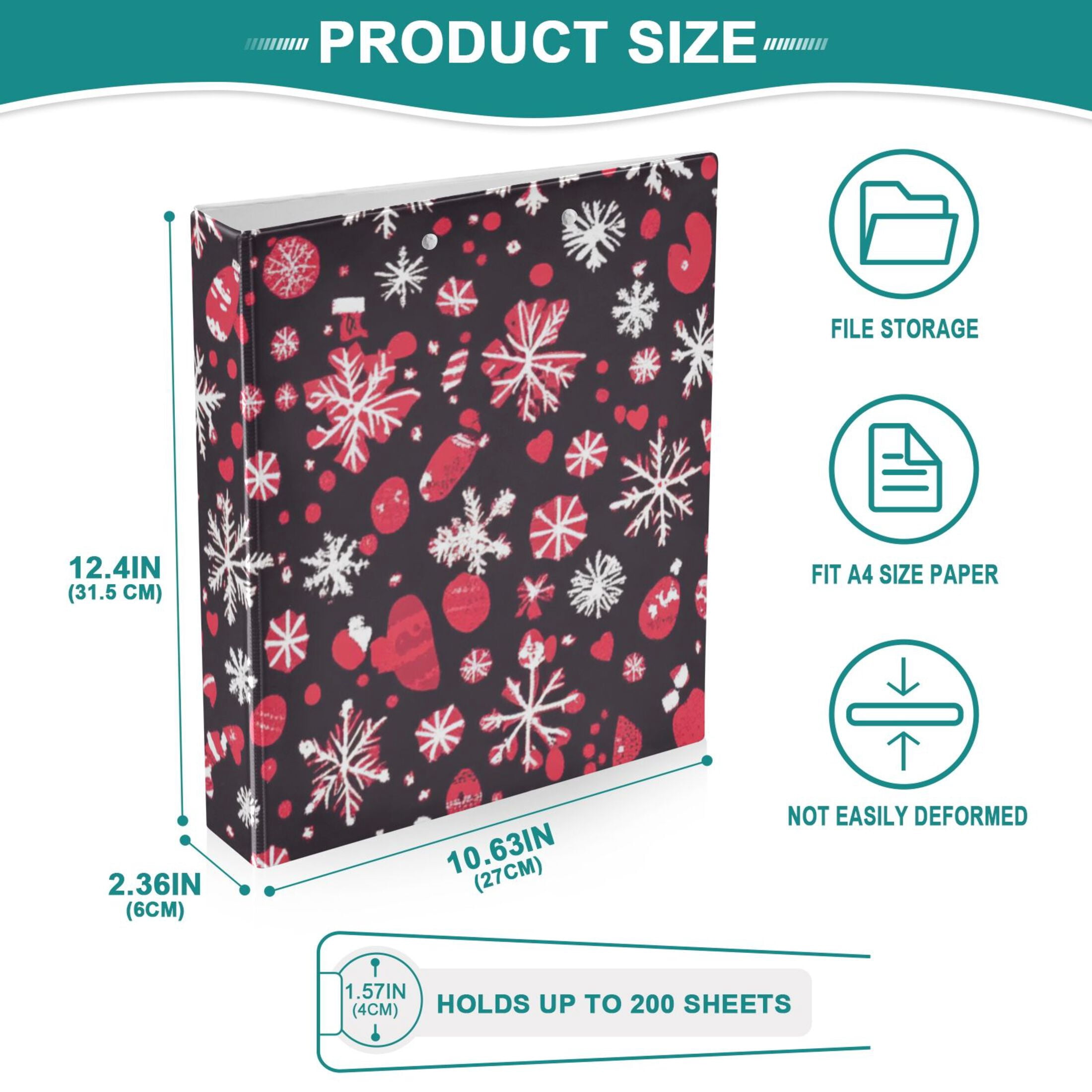 Christmas Snow Red 3 Ring Binders 1.5 inch Hardcover File Folders with Interior Pockets A4 Size Organizer for School Office Hospital