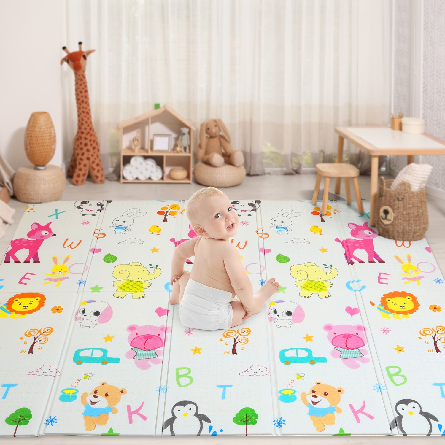 JoyStone Baby Play Mat, 78" X 70" Extra Large Reversible Foam Play Mat, Non-Toxic Foldable Animal Print Waterproof Crawl Mat for Toddlers and Babies