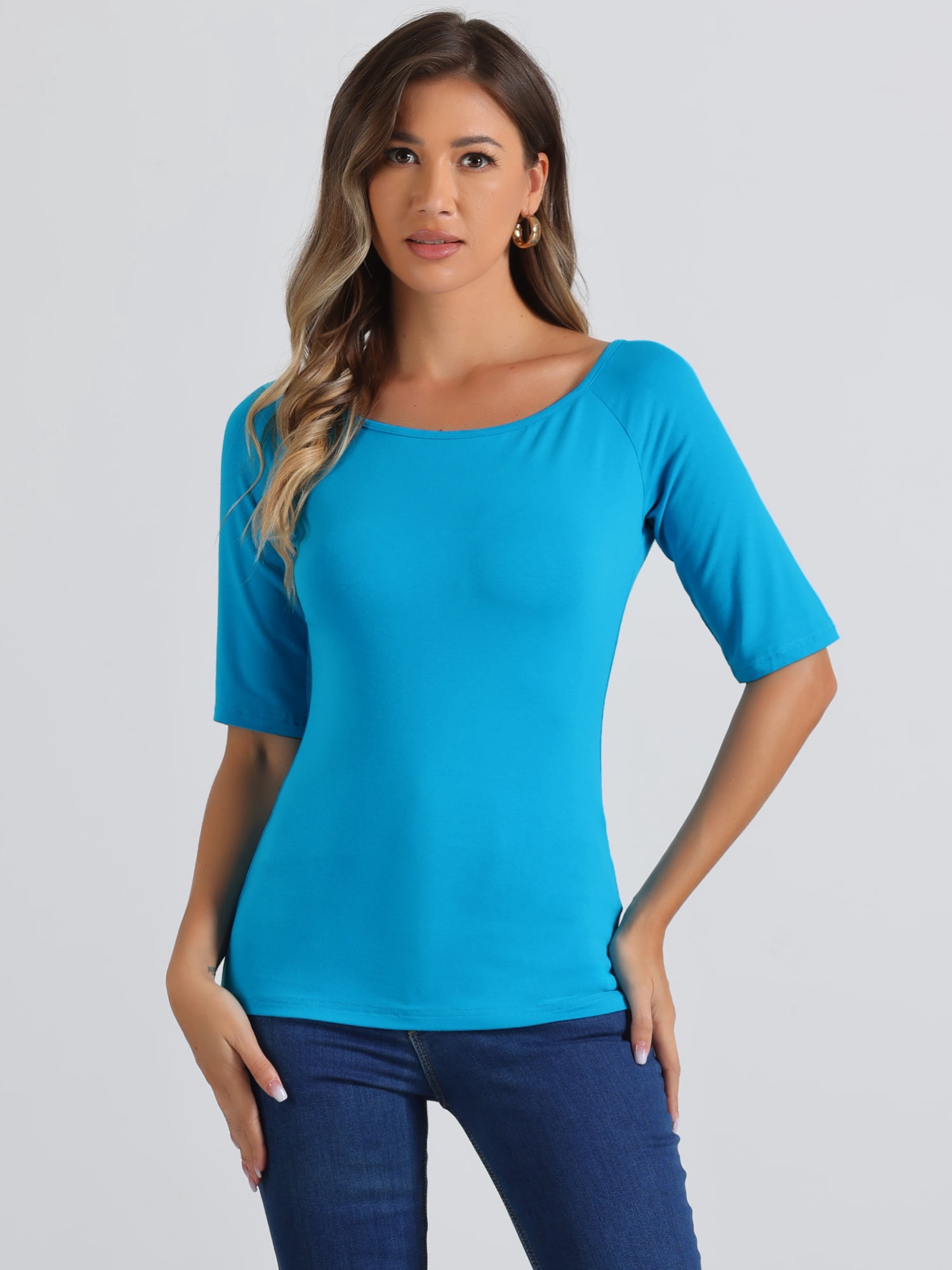 DARING DIVA Women's Slim Fit Pullover Boat Neck Stretchable T-Shirt S Lake Blue