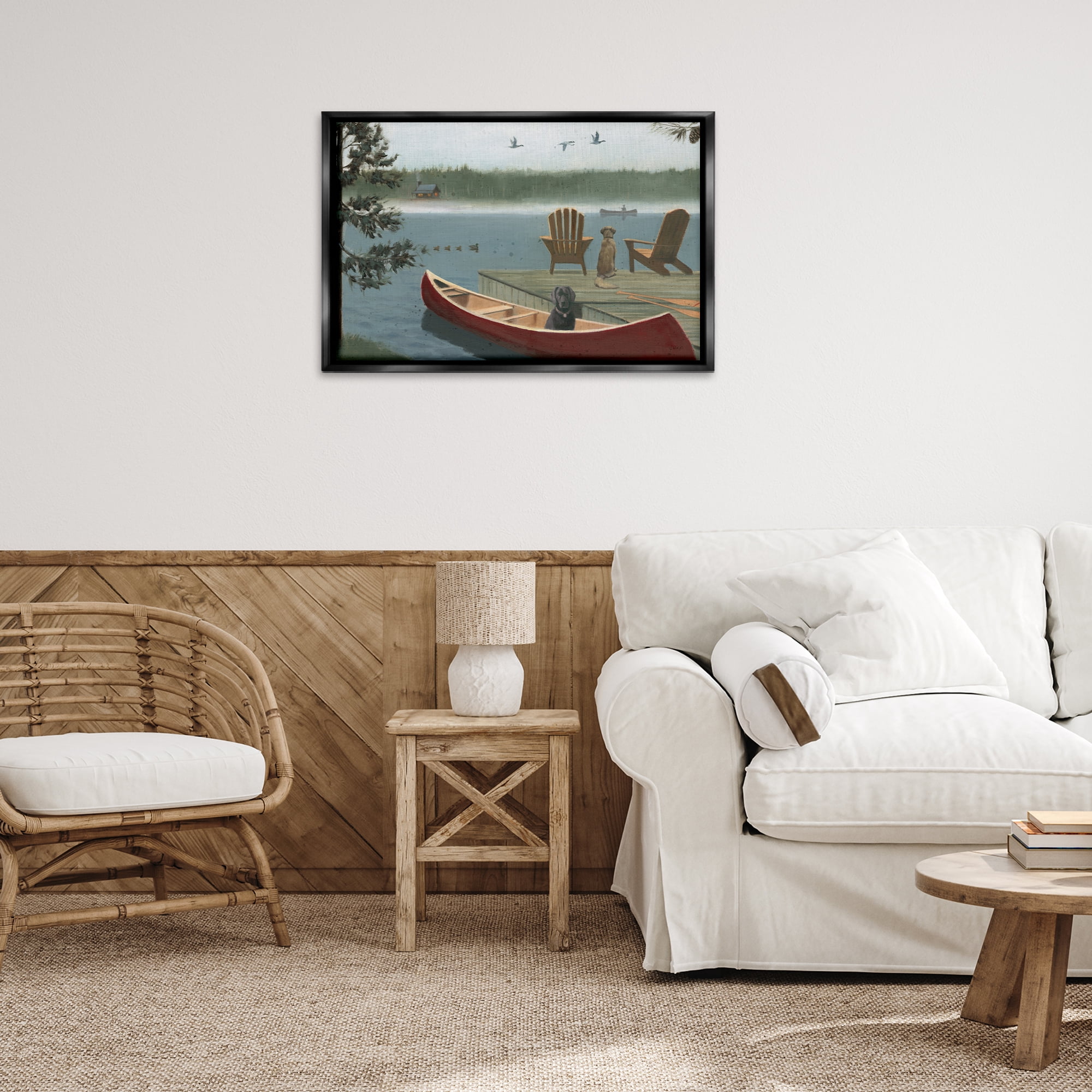 Stupell Industries Dogs on Lake Dock Landscape & Nature Painting Black Floater Framed Canvas Art Print Wall Art, 31 x 21