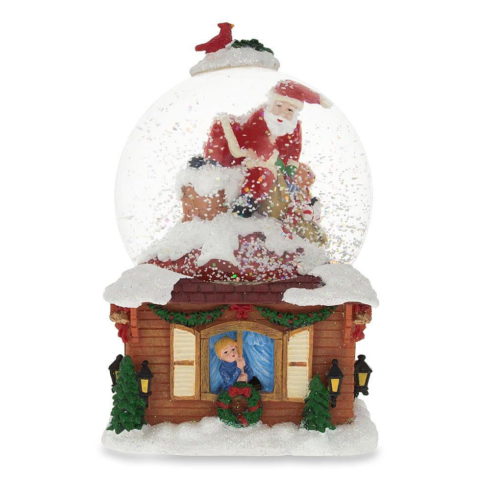 Santa Claus and Reindeer on Rooftop Musical Snow Globe Plays Jingle Bells 
