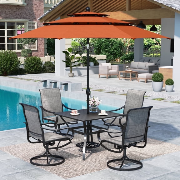 SUMMIT LIVING 6-Piece Outdoor Patio Dining Set with 3 Tiers 10FT Red Umbrella, 4 Swivel Outdoor Chairs & 37" Square Outdoor Table, Black & Brown-Gray