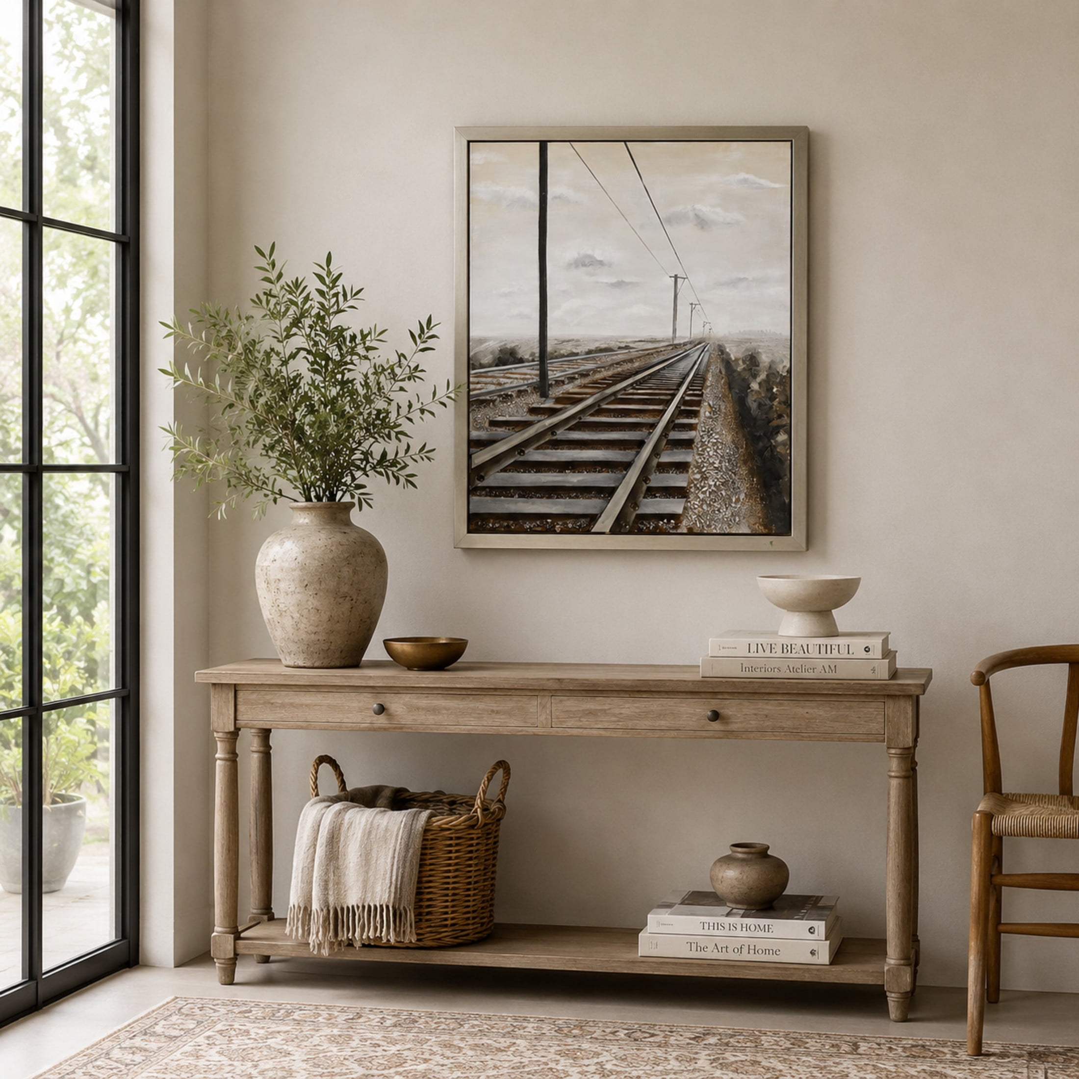 44" x 53" Railroad Track Landscape Framed Wall Art with Silver Frame, by DecMode